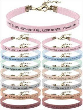 15 Pc Faux Leather Christian Bracelet Set Scripture Bible Verse Gift